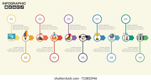 Timeline infographics template with arrows, flowchart, workflow or process infographics, vector eps10 illustration