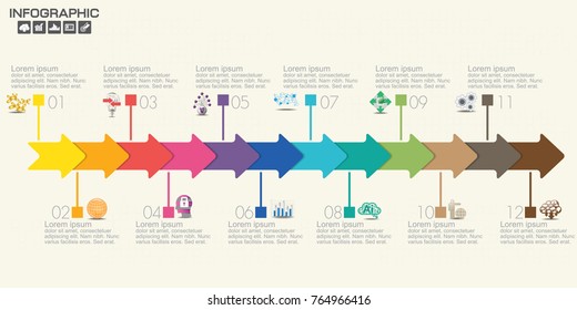 Timeline infographics template with arrows, flowchart, workflow or process infographics, vector eps10 illustration