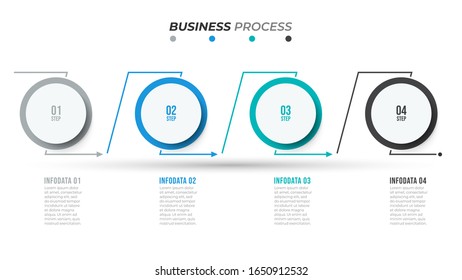 Timeline Infographics template. Business concept with circles and 4 number options, arrow process lines, Vector illustration.