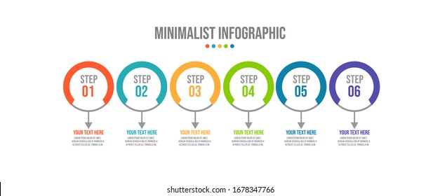 Infografik-Vorlage für die Zeitachse mit Kreisen, Pfeilen, Flussdiagrammen, Workflow- oder Prozessinformationen, Vektorgrafik