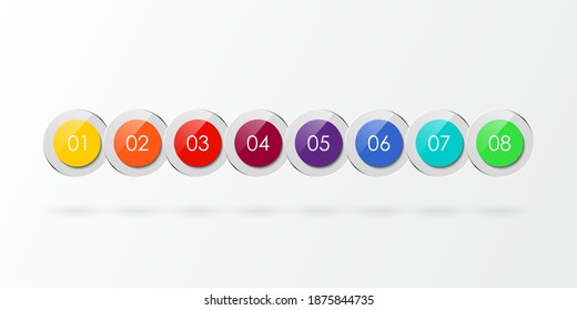 Timeline infographics template with circles shape. Business process line with 8 numbers, options or steps.