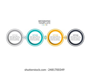 Timeline infographics template design with arrows and circles. Business concept with 4 options, steps, parts.