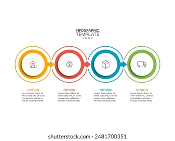 Timeline infographics template design with arrows and circles. Business concept with 4 options, steps, parts.