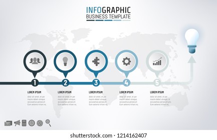 Timeline infographics template design for presentation with 5 steps start to end point with bulb, work flow or process diagram, flowchart, vector illustration