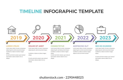 Timeline infographics template with five arrows with place for icons and text, vector eps10 illustration