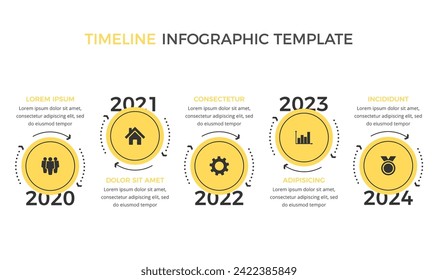 Plantilla de infografía de línea de tiempo con cinco círculos amarillos con lugar para sus iconos, ilustración de eps10 vectoriales