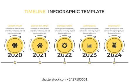 Timeline-Infografik-Vorlage mit fünf gelben Kreisen mit Platz für Ihre Symbole, Vektor eps10 Illustration