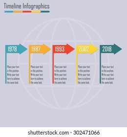 Timeline Infographics template with horizontal arrows. Colorful design elements. Vector illustration.