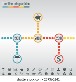 Timeline Infographics template. Horizontal design elements and icons set included. Colorful vector illustration.