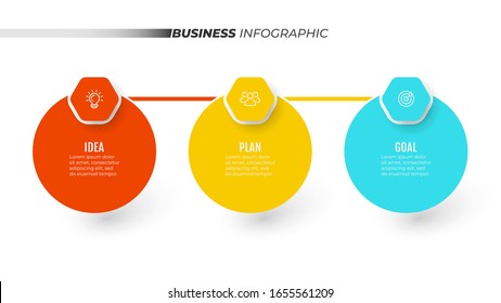 Timeline infographics template label design with circle and hexagon layout for business concept with 3 steps, options and marketing icons. Vector illustration.