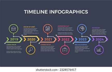 Plantilla de infografía de línea de tiempo con seis flechas con lugar para iconos y texto, fondo oscuro, eps10 ilustración