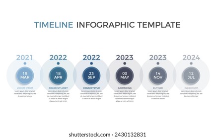 Timeline infographics template with six circles, vector eps10 illustration