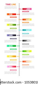 Timeline Infographics Template, Vector infographics timeline design template with 12 label, 12 months 1 year, Vector can be used for workflow layout, diagram, number step up options.