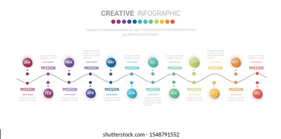 Timeline Infographics Template, Vector infographics timeline design template with 12 label, 12 months 1 year, Vector can be used for workflow layout, diagram, number step up options.