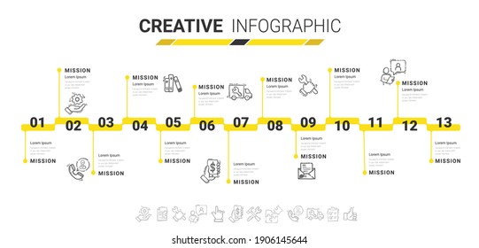 Timeline Infographics Template, Vector infographics timeline design template with 13 label, Vector. can be used for workflow layout, diagram, number step up options.