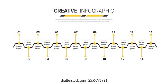 Timeline Infographics Template, Vector infographics timeline design template with 15 label, Vector. can be used for workflow layout, diagram, number step up options. Vector illustration.