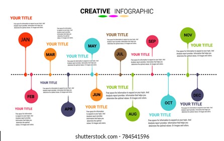 Timeline Infographics Template, Vector Infographics Timeline Design Template With 12 Label, Timeline In One Year 12 Months, Vector. Can Be Used For Workflow Layout, Diagram, Number Step Up Options.