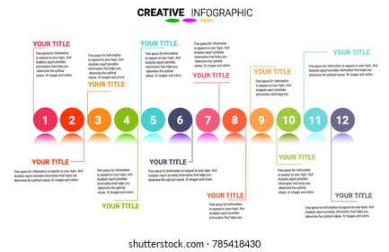 Timeline Infographics Template, Vector Infographics Timeline Design Template With 12 Label, Vector Can Be Used For Workflow Layout, Diagram, Number Step Up Options.