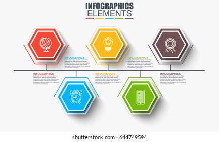 Timeline infographics vector design template. Can be used for workflow, business concept with 5 options, steps or processes, marketing icons, diagram, chart, data visualization, info graphics.