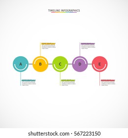Timeline infographics vector illustration. Color horizontal design template. Business concept with 5 options, parts or steps