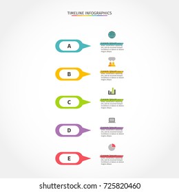 Timeline infographics vector illustration. Color vertical design template. Business concept with 5 options, parts or steps