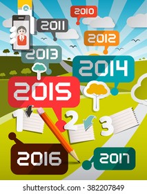 Timeline Infographics Vector Illustration With Years Titles And Landscape On Background