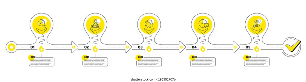 Timeline with lamp light bulbs and icons. 5 steps idea journey path chart of business project process. Infographic path timeline. Business journey goal. Light bulbs workflow progress chart. Vector