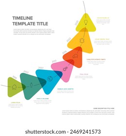 Timeline made from seven rainbow color transparent triangles with years icons and description on curved time line with growing potencial