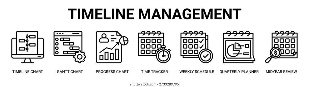 Timeline Management web banner icon vector illustration concept with icon of timeline chart, gantt chart, progress chart, time tracker, weekly schedule, quarterly planner, and midyear review.