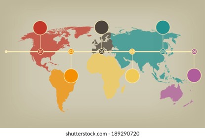 Timeline map of the world in soft vintage halftones