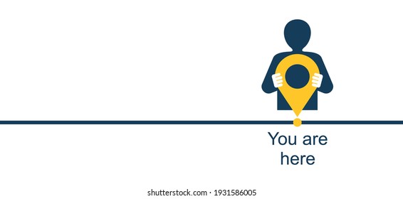 Timeline marker for info chart or report - human silhouette holding pointer pin and You are Here text. Vector illustration