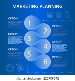 timeline marketing planning ifographic design template with icons on blue backgrond - six options