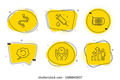 Timeline, Medical syringe and Employee results signs. Chat bubbles. Gpu, Recovery data and Safe time line icons set. Graphic card, Backup info, Management. Journey path. Science set. Vector