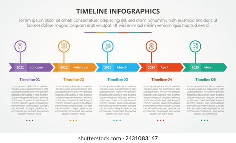 concepto infográfico de hitos de línea de tiempo con encabezado de bloque de flecha y círculo de esquema para presentación de diapositivas con lista de 5 puntos