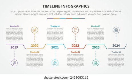 Timeline Meilenstein Infografik-Konzept mit kreativem Tabellenfeld Horizontale Richtung nach oben und unten für Folienpräsentation mit 6-Punkt-Liste