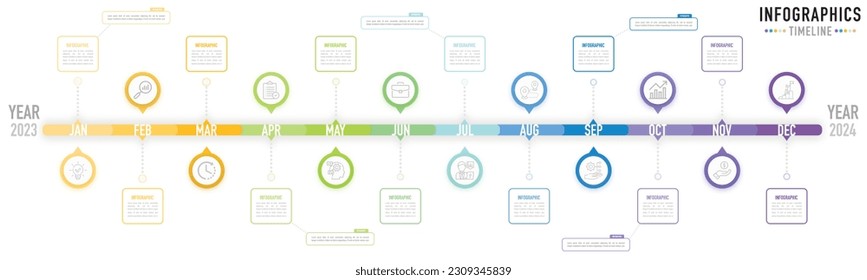 Timeline mind map infographic template or element with 12 months, step, process, option from 2023 to 2024, colorful circle, pin, tag, rectangle, journey, navigation for planner, sale slide, calendar