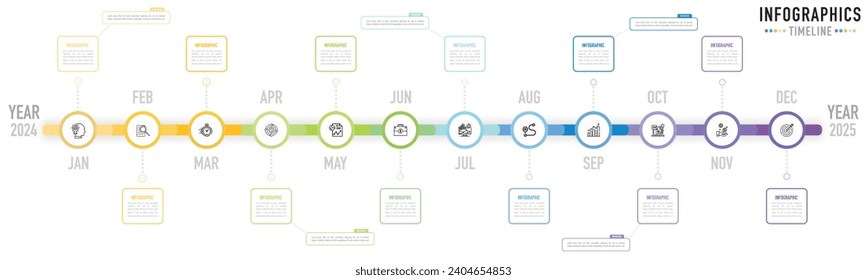 Plantilla o elemento infográfico del mapa de la mente de la línea de tiempo con 12 meses, paso, proceso, opción de 2024 a 2025, círculo colorido, pin, etiqueta, rectángulo, flecha