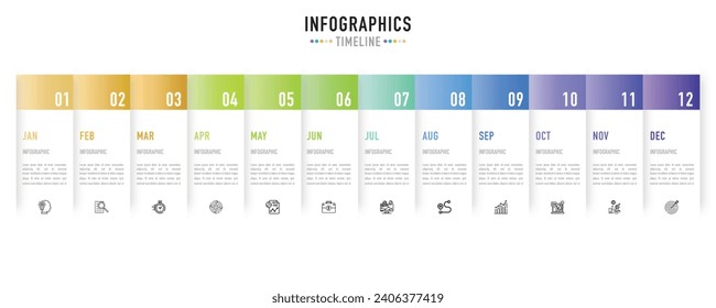 Timeline mind map infographic template or element with 12 months, step, process, option, colorful rectangle, rectangular paper origami, for sale slide