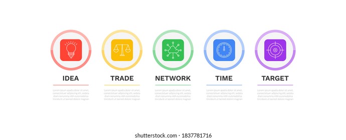 Timeline modern infographics design with five options target. Chart process template. Modern vector for company or corporate business project and presentation. 