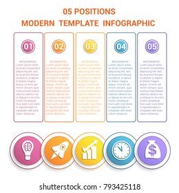 Timeline modern template infographic for business 5 steps, processes, options, parts. Colorful round numbered buttons and circles with icons, also a place for text in color frames.