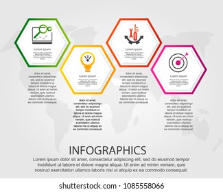 Timeline modern vector illustration 3D. Infographic template with four hexagon elements. Designed for business, presentations, web design, diagrams with 4 steps for workflow layout, annual report.