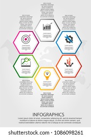 Timeline modern vector illustration 3D. Infographic template with six hexagon elements. Designed for business, presentations, web design, diagrams with 6 steps for workflow layout, annual report.