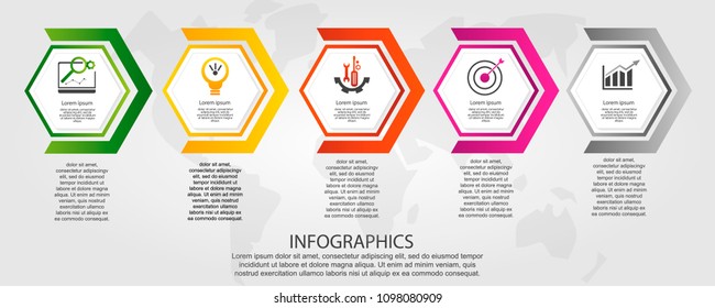 Timeline modern vector illustration 3D. Infographic template with five hexagon with arrows. Designed for business, presentations, web design, diagrams with 5 steps for workflow layout, annual report.