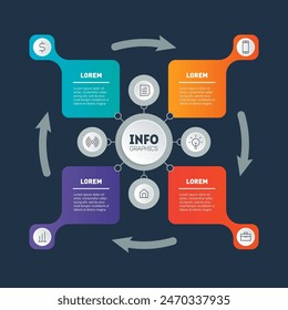 Timeline. The movement is counterclockwise. Graphics Infograph template with 4 steps and 8 icons.