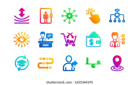 Timeline, Multichannel. Artificial intelligence, Balance and Refer friend icons. Classic icon set. Gradient patterns. Quality signs set. Vector