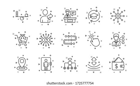Timeline, Multichannel. Artificial intelligence, Balance and Refer friend line icons. Linear icon set. Geometric elements. Quality signs set. Vector