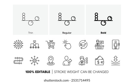 Linha do tempo, Multicanal. Inteligência artificial, Equilíbrio e Referir ícones de linha de amigo. Ícone linear definido. Conjunto de ícones de linha. Vetor