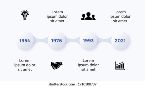 Escala de tiempo de la infografía del vector neumórfico de la línea de tiempo. 4 pasos. Plantilla de diapositiva de presentación. Un estilo plano minimalista limpio. 