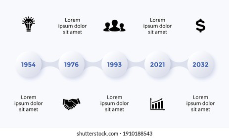 Timeline Neumorphic Vector Infografik Timeline. 5 Stufen. Präsentationsfolienvorlage. Sauber minimaler Flachstil. 