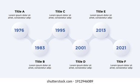 Timeline Neumorphic Vector infographic timeline. 6 steps. Presentation slide template. Clean minimal flat style. 